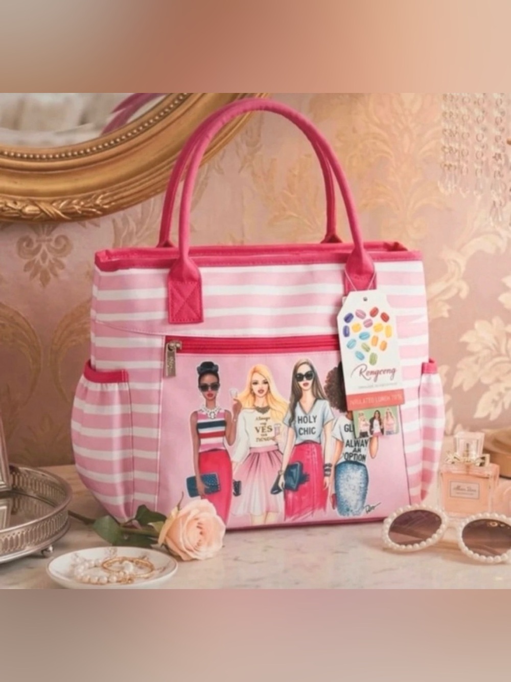 Pink Striped Tote with Fashion Illustration Front